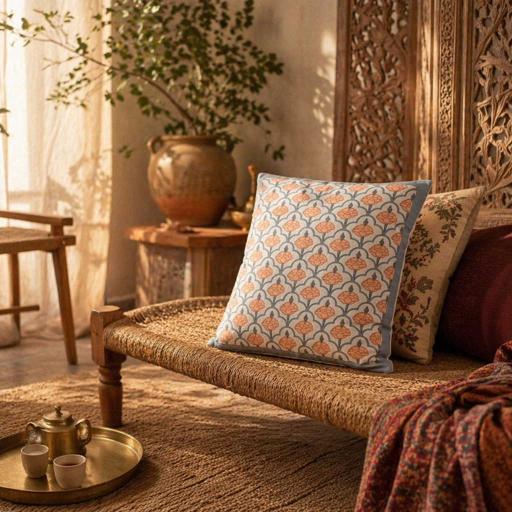 Jaali and Floral Blue and Dusty Pink Cushion Cover Set of 5, The Living Room. Handmade in India by House of Taraasha.