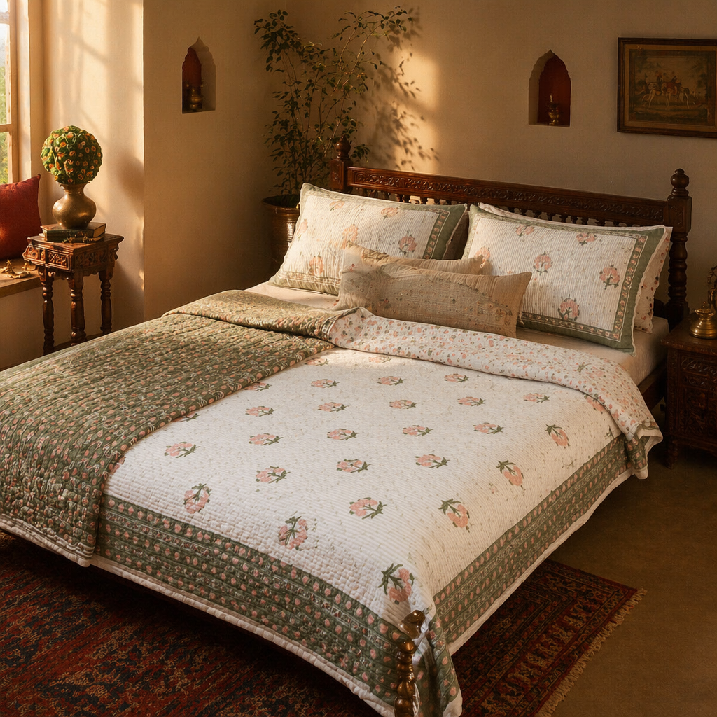 Dusty Pink & Green Reversible Mulmul Quilt, The Linen Room. Handmade in India by House of Taraasha.