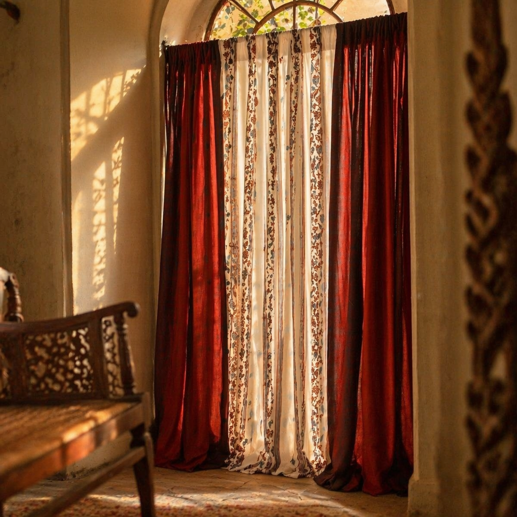 Chintz Assorted Set Off-White and Brick Red Cotton Curtains, The Draped Window. Handmade in India by House of Taraasha.