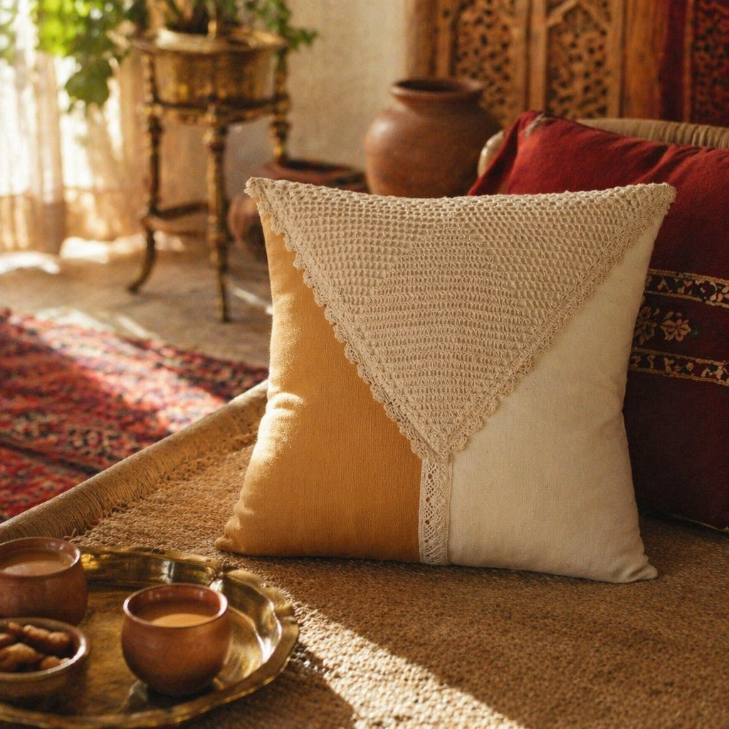 Crochet-Flap Mustard and Off-White Square Cushion Cover, The Living Room. Handmade in India by House of Taraasha.