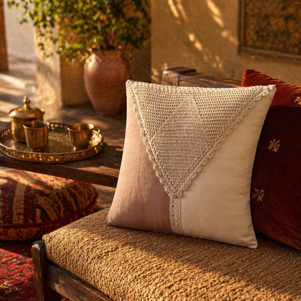 Taupe and Off White Crochet-Detailed Cotton Cushion Cover, The Living Room. Handmade in India by House of Taraasha.