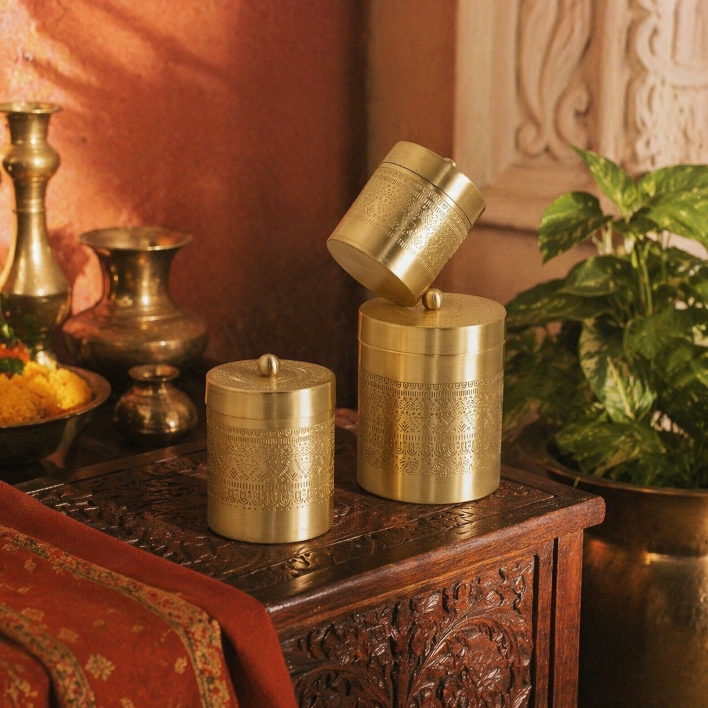 Moradabad Floral-Etched Brass Dabba Set of Three, The Brass Atelier. Handmade in India by House of Taraasha.
