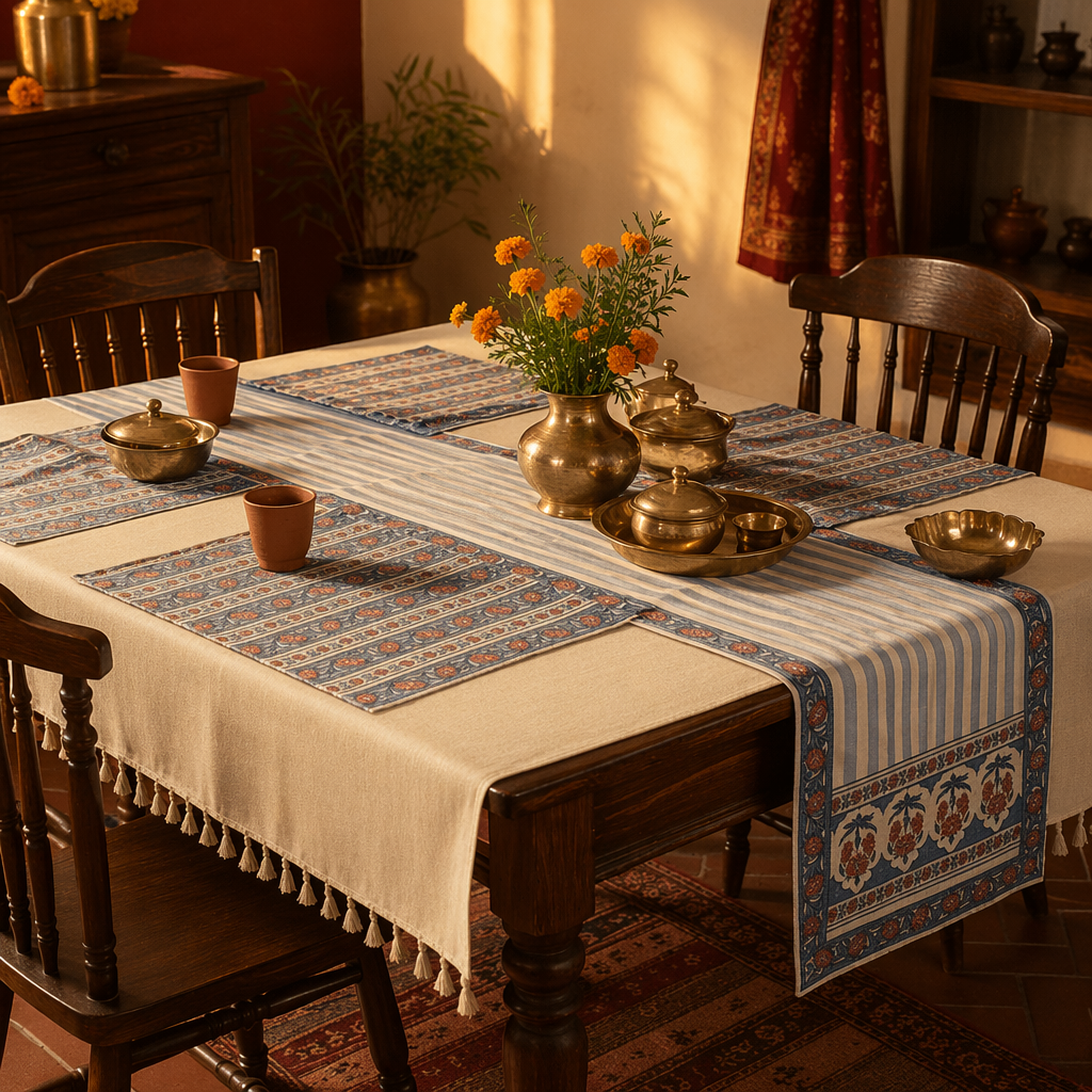 Blue & Dusty Pink Floral Cotton Runner & Mat Set, The Gathered Table. Handmade in India by House of Taraasha.