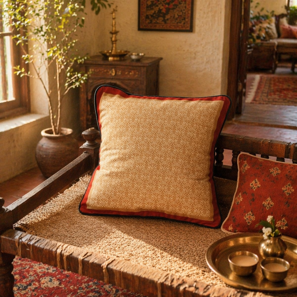 Chintz Ivory, Maroon and Navy Blue Cushion Cover, The Living Room. Handmade in India by House of Taraasha.