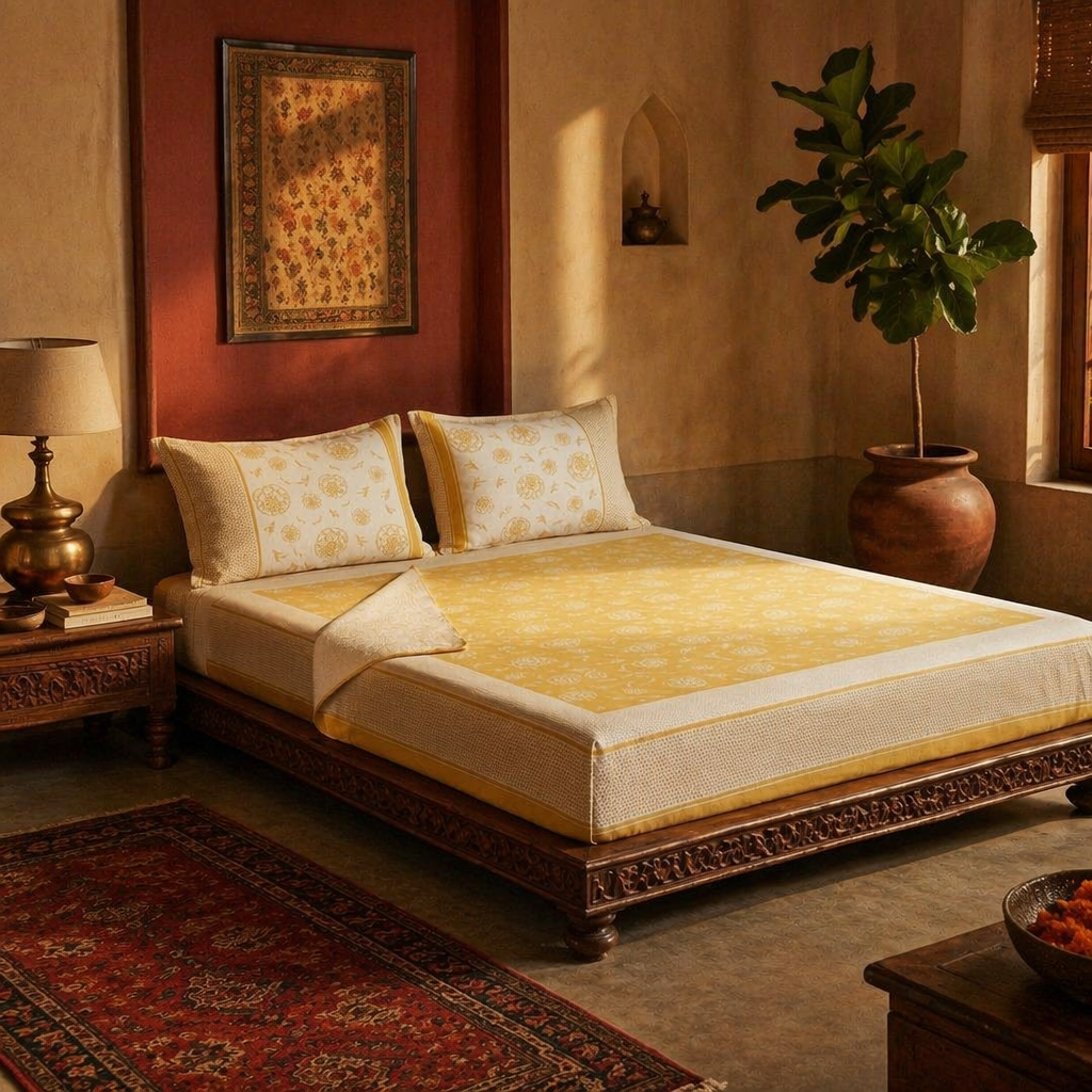 Mustard & Off-White Marigold Motif Bedsheet, The Linen Room. Handmade in India by House of Taraasha.