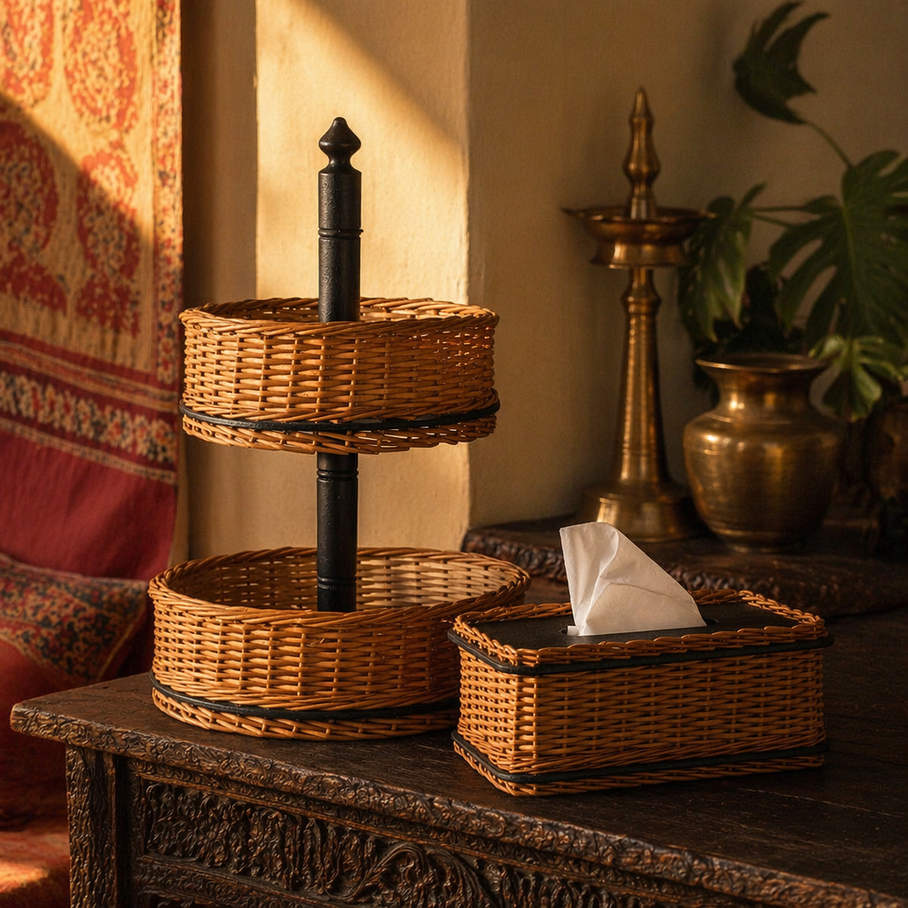 Kashmiri Willow Wicker Fruit Basket & Tissue Box, The Wicker House. Handmade in India by House of Taraasha.