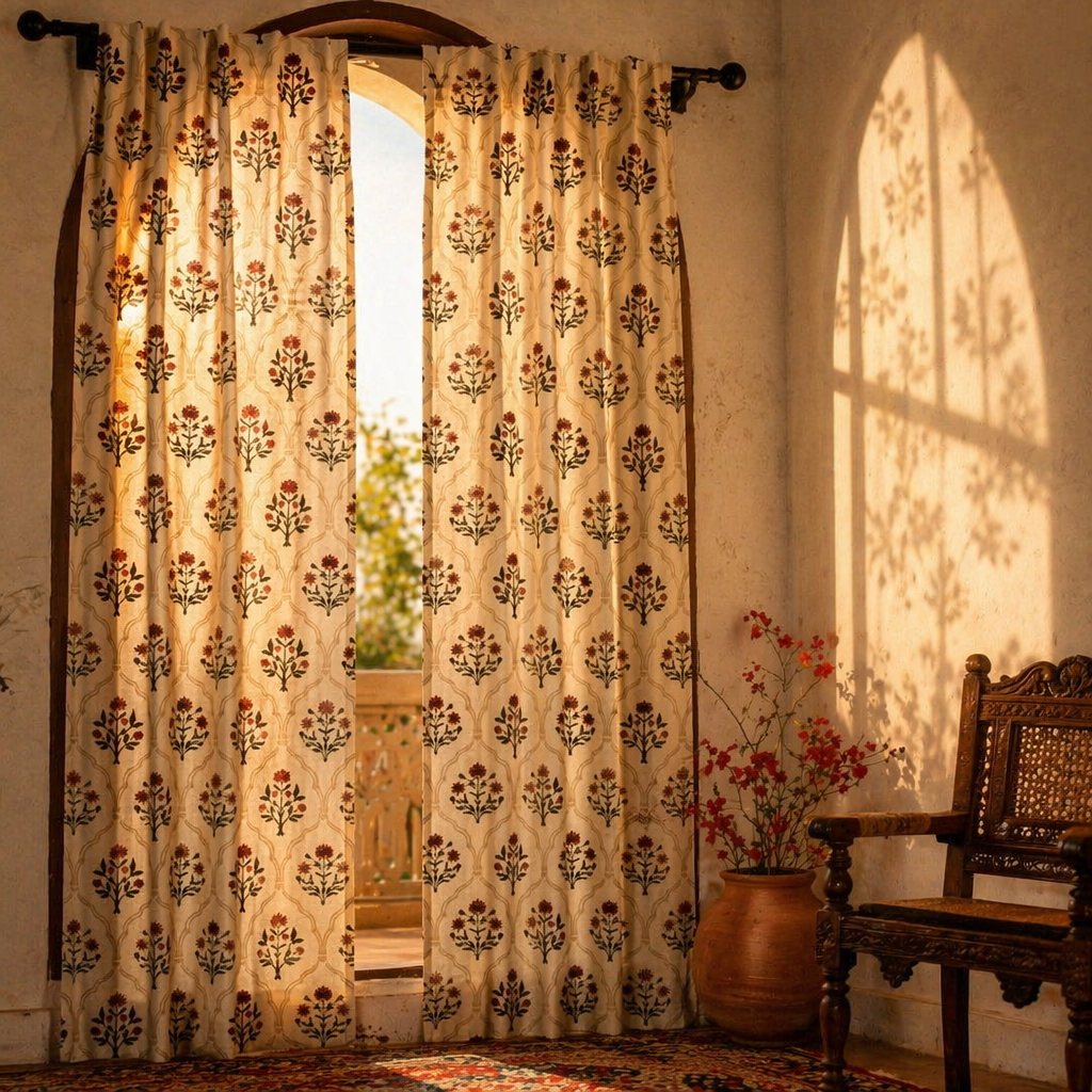 Rust and Maroon Ornate Floral Cotton Door Curtain, The Draped Window. Handmade in India by House of Taraasha.