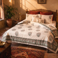 Mughal Florals White and Green Jaipuri Razai, The Linen Room. Handmade in India by House of Taraasha.