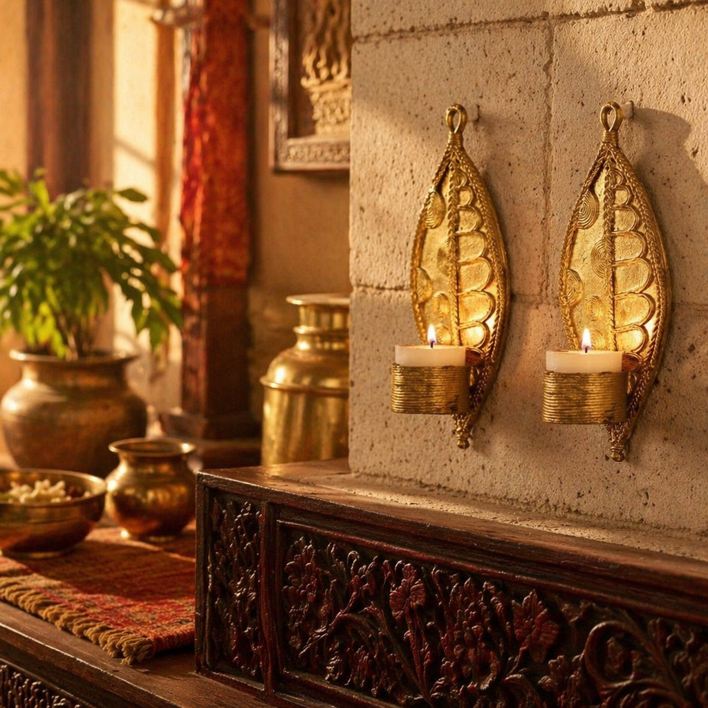 Dhokra Parna Brass Leaf Tealight Holders, Tribal Stories. Handmade in India by House of Taraasha.