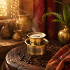 Kanjeevaram Etched Pure Brass Coffee Dabara Set, The Brass Atelier. Handmade in India by House of Taraasha.