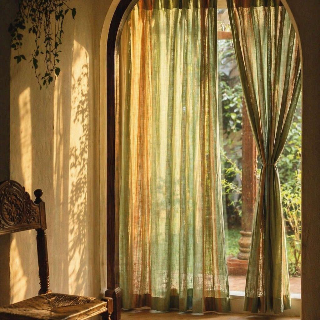 Handwoven Solid Sage and Teal Cotton Door Curtain, The Draped Window. Handmade in India by House of Taraasha.