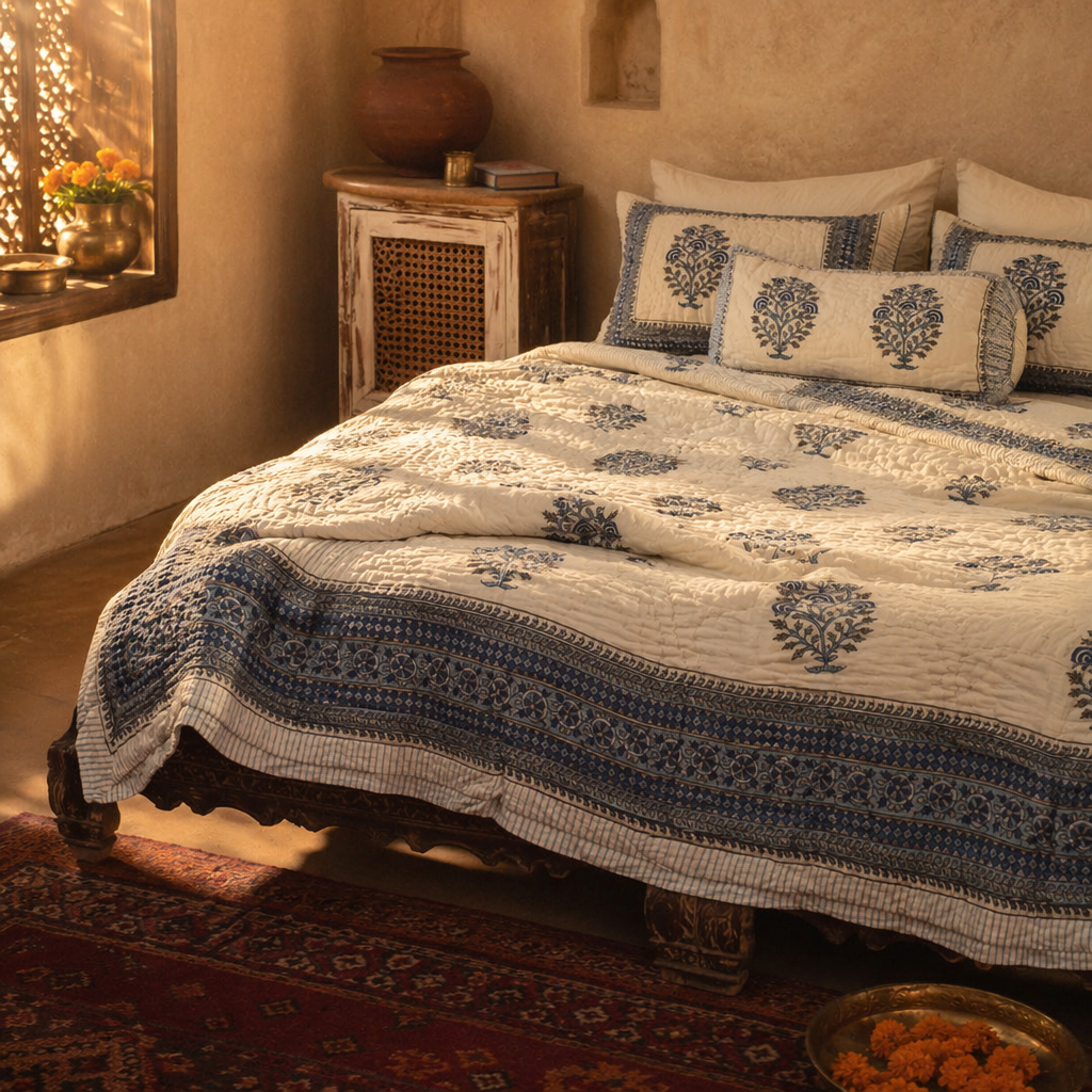 Blue Mist Reversible Jaipuri Razai, The Linen Room. Handmade in India by House of Taraasha.
