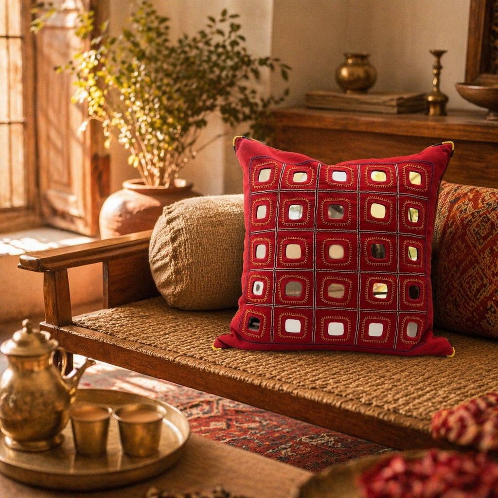 Lambani Mirror Work Hand-Embroidered Cotton Cushion Cover, The Living Room. Handmade in India by House of Taraasha.