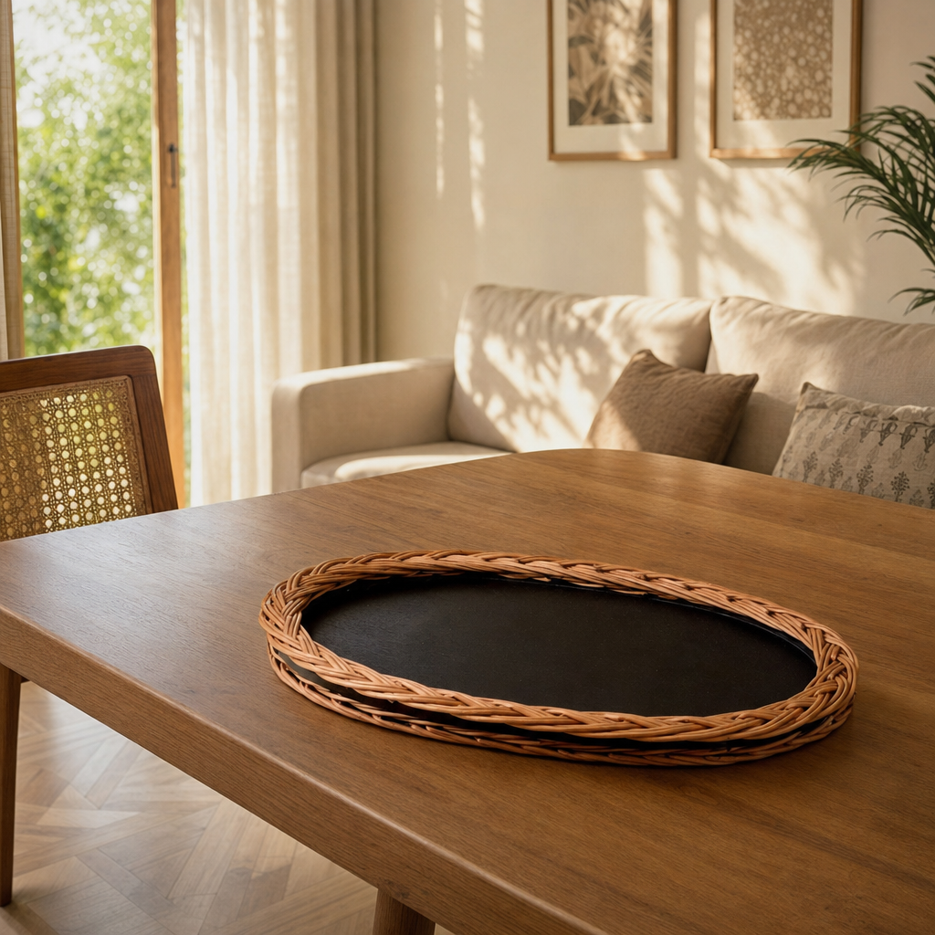 Ganderbal Kashmir Willow Wicker Serving Tray in a modern home