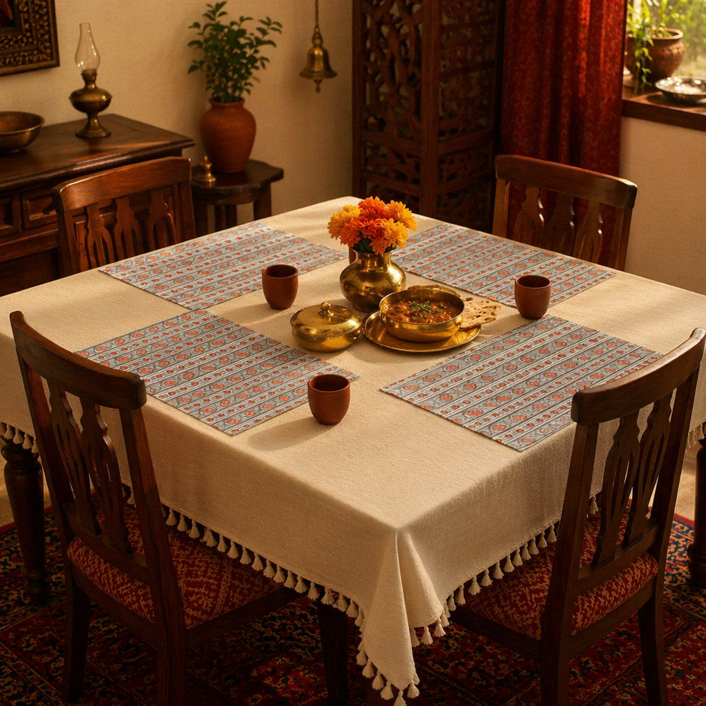 Green & Dusty Pink Floral Cotton Table Mat, The Gathered Table. Handmade in India by House of Taraasha.
