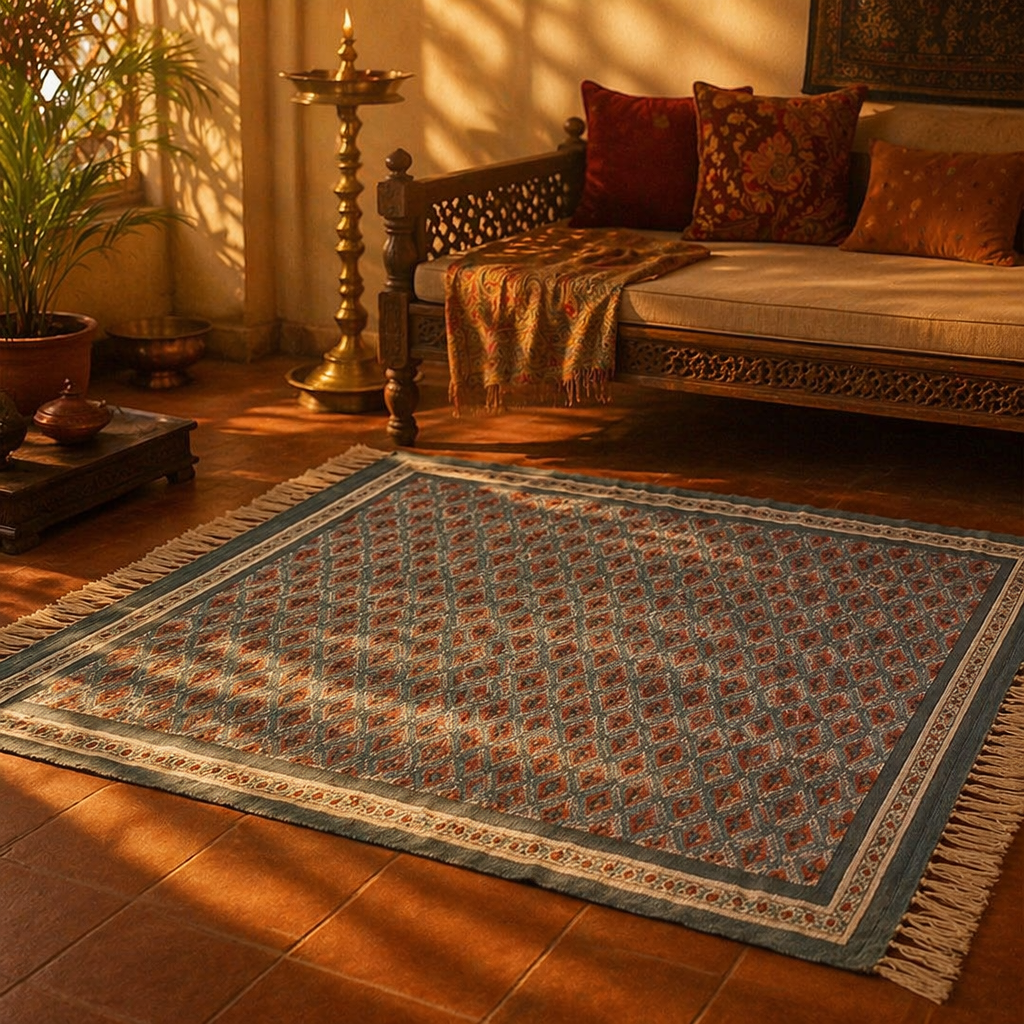 Blue and Dusty Pink Royal Courtyards Floral Rug, The Woven Floor. Handmade in India by House of Taraasha.