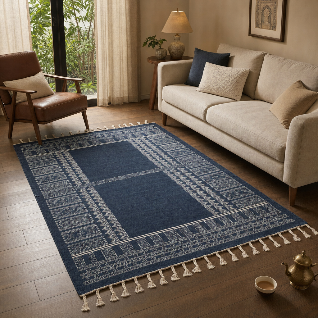 Jaipuri Dark Blue Hand-Printed Cotton Floor Rug in a modern home