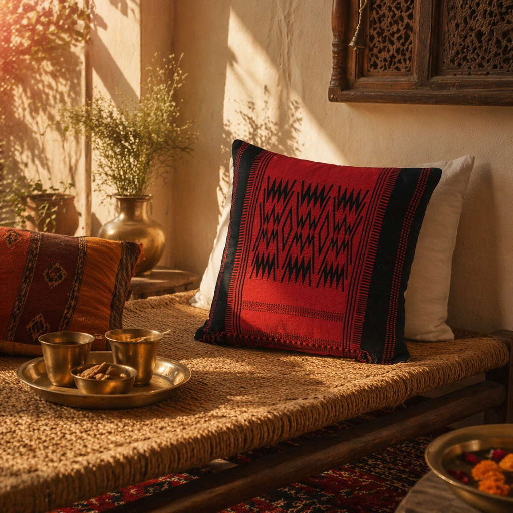 Naga Tribal Backstrap-Woven Red and Black Cushion Cover, The Living Room. Handmade in India by House of Taraasha.