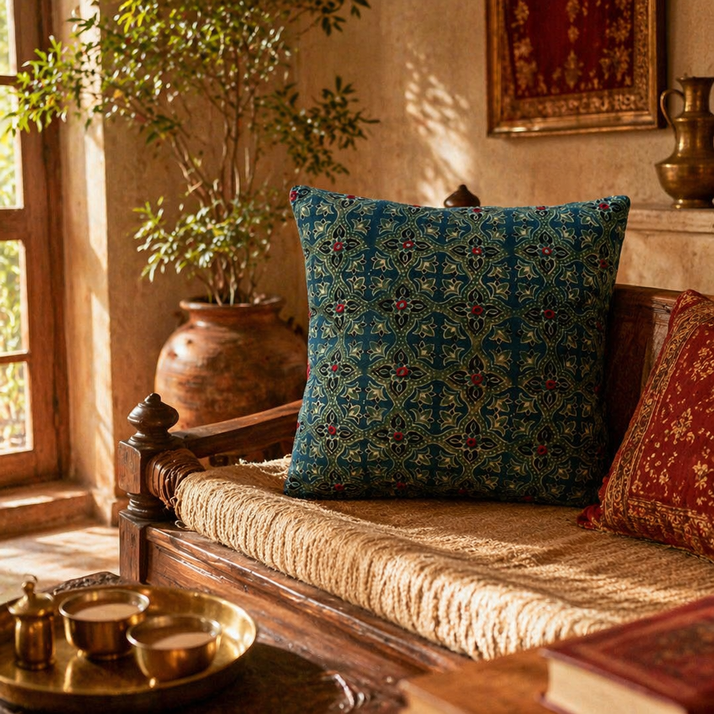 Indigo and Green Block-Printed Mirror-Embroidered Cushion, The Living Room. Handmade in India by House of Taraasha.