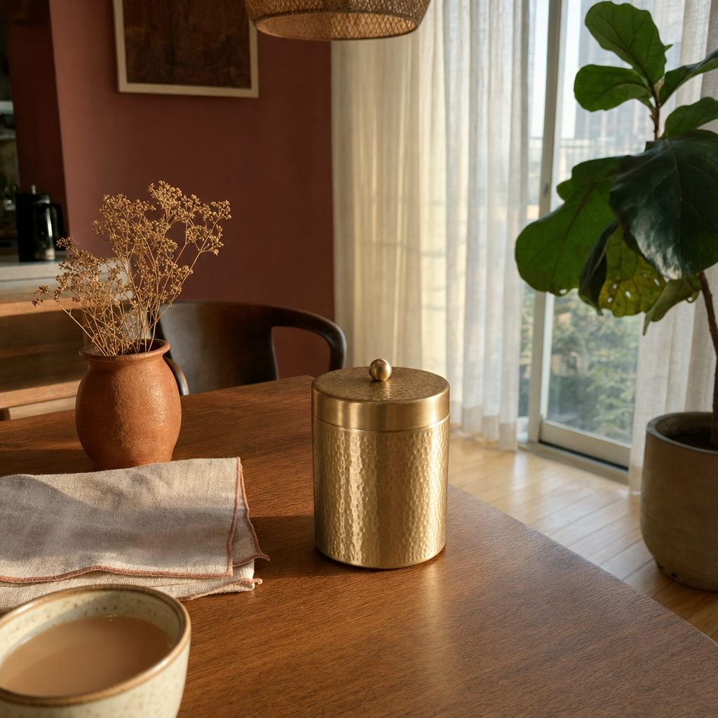 Moradabad Hammered Pure Brass Dabba, Large in a modern home