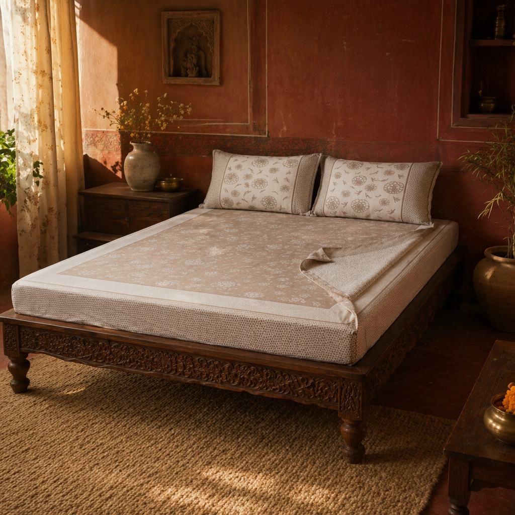 Marigold Taupe and Off-White Block-Printed Bedsheet, The Linen Room. Handmade in India by House of Taraasha.