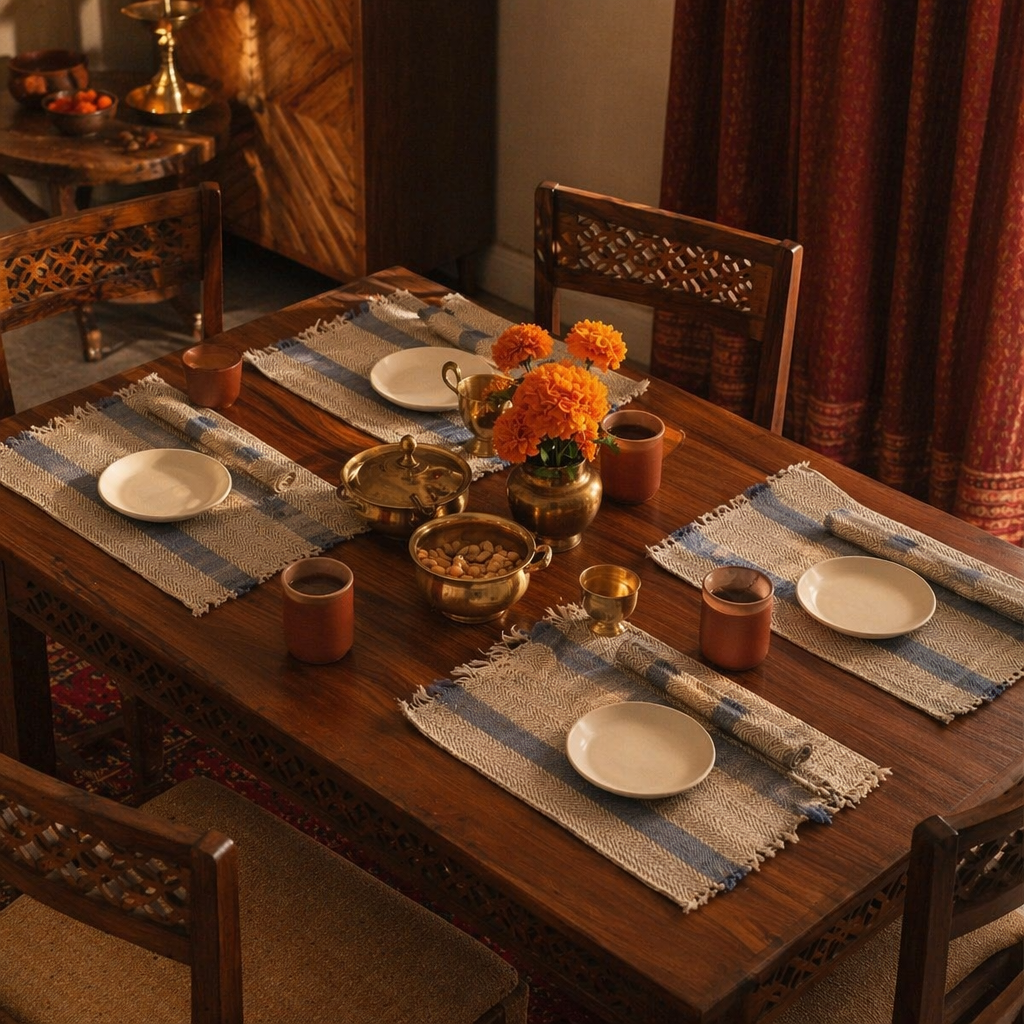 Madur Blue Handwoven Grass Table Mats, The Gathered Table. Handmade in India by House of Taraasha.