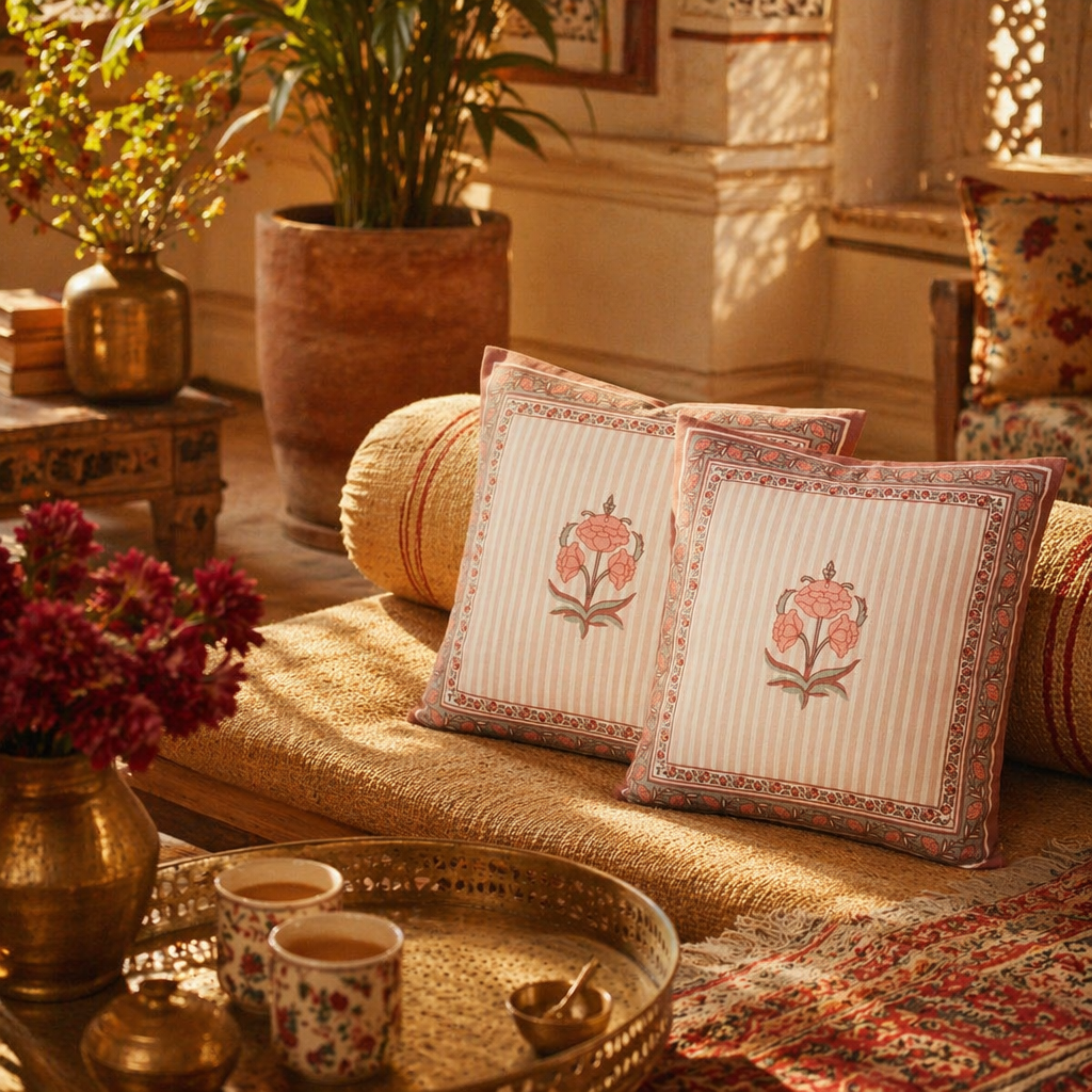Royal Courtyards Dusty Pink Floral Cotton Cushion Cover, The Living Room. Handmade in India by House of Taraasha.