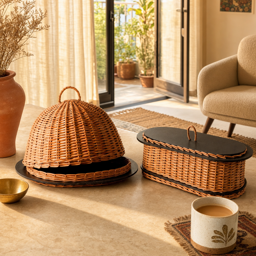 Kashmiri Willow Wicker Cloche & Bread Box in a modern home