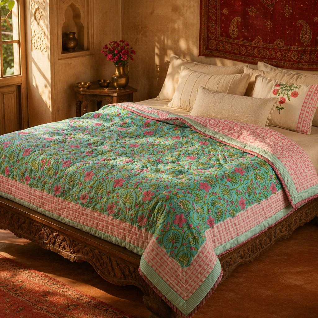 Turquoise & Pink Reversible Jaipuri Razai, The Linen Room. Handmade in India by House of Taraasha.