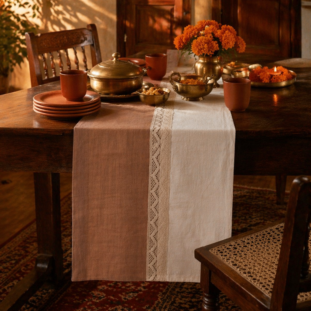 Taupe & Off-White Crochet Cotton Table Runner, The Gathered Table. Handmade in India by House of Taraasha.
