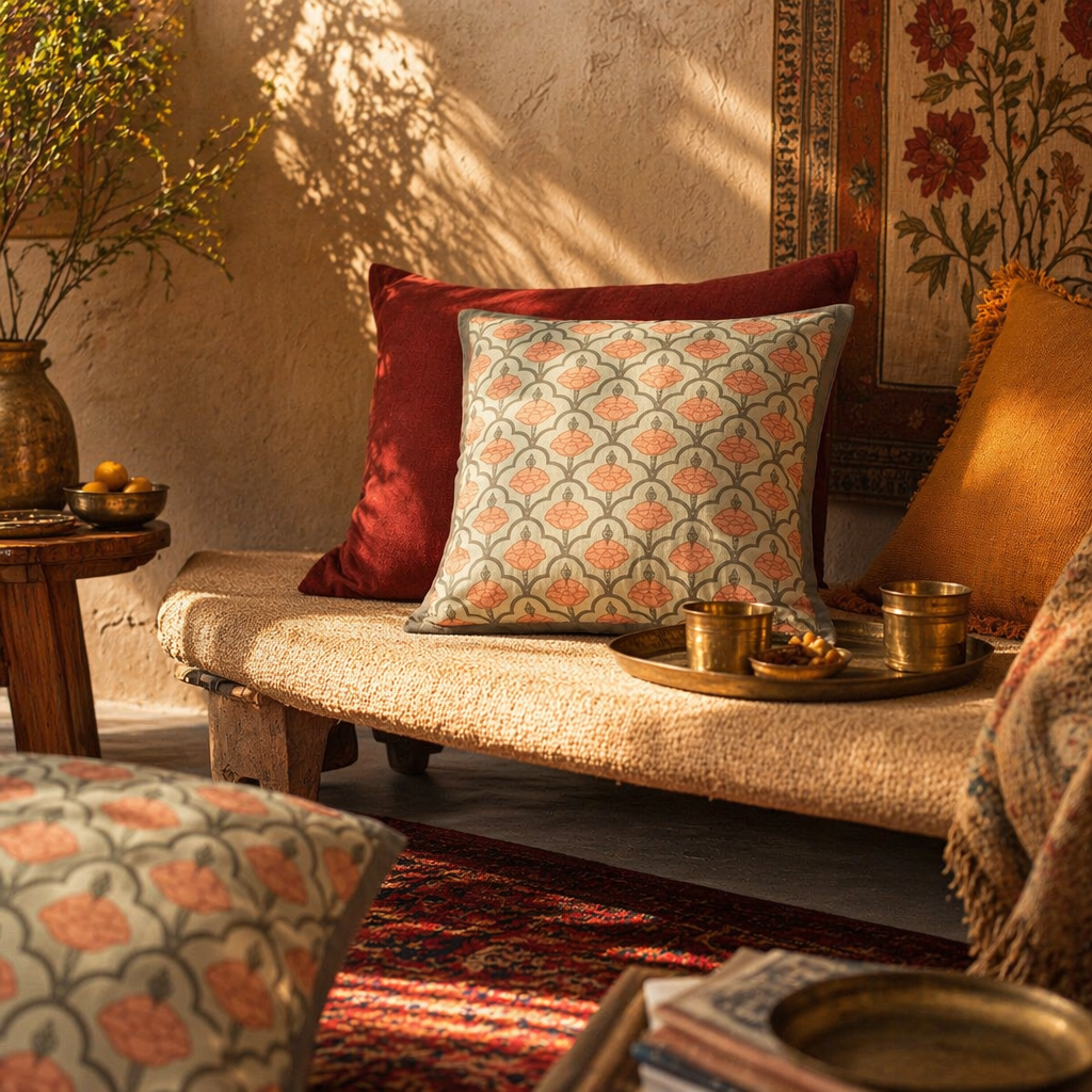 Jaali Green and Dusty Pink Hand-Printed Cushion Cover, The Living Room. Handmade in India by House of Taraasha.