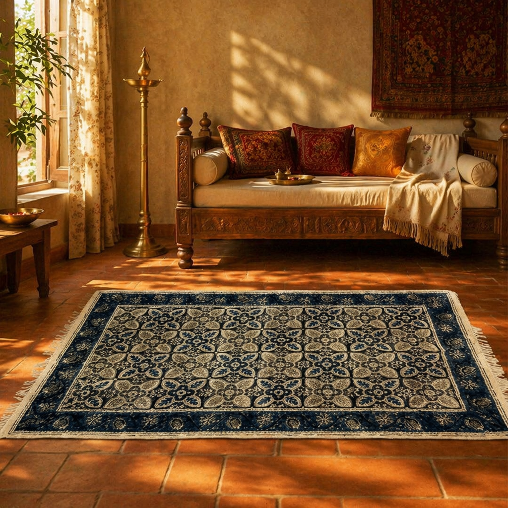 Kalamkari Indigo Hand Block-Printed Cotton Dhurrie, The Woven Floor. Handmade in India by House of Taraasha.