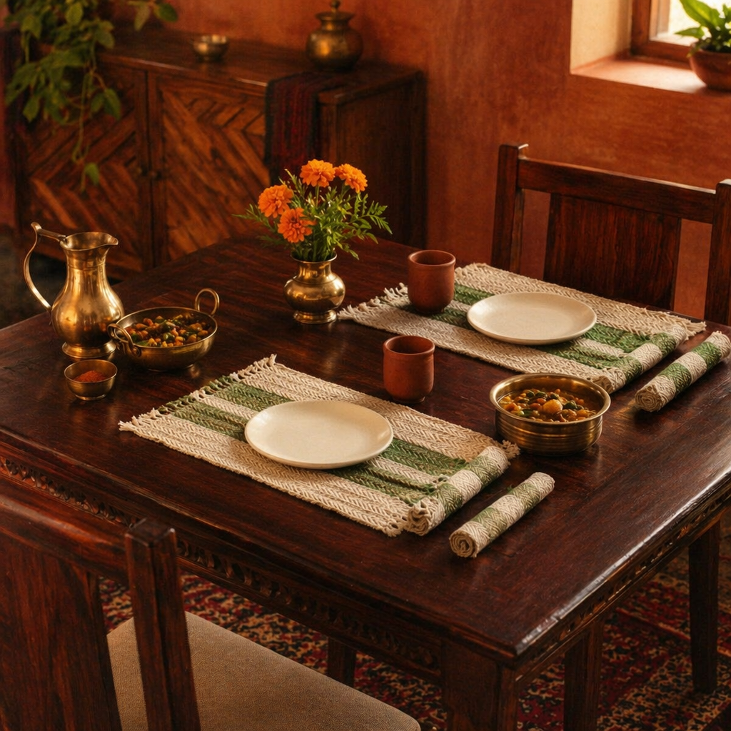 Olive Green & Off-White Madur Grass Table Mat, The Gathered Table. Handmade in India by House of Taraasha.