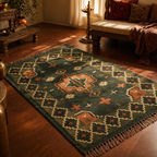 Green and Peach Punja-Woven Jute and Wool Floor Rug, The Woven Floor. Handmade in India by House of Taraasha.