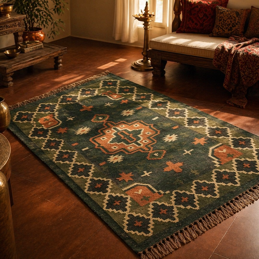 Green and Peach Punja-Woven Jute and Wool Floor Rug, The Woven Floor. Handmade in India by House of Taraasha.