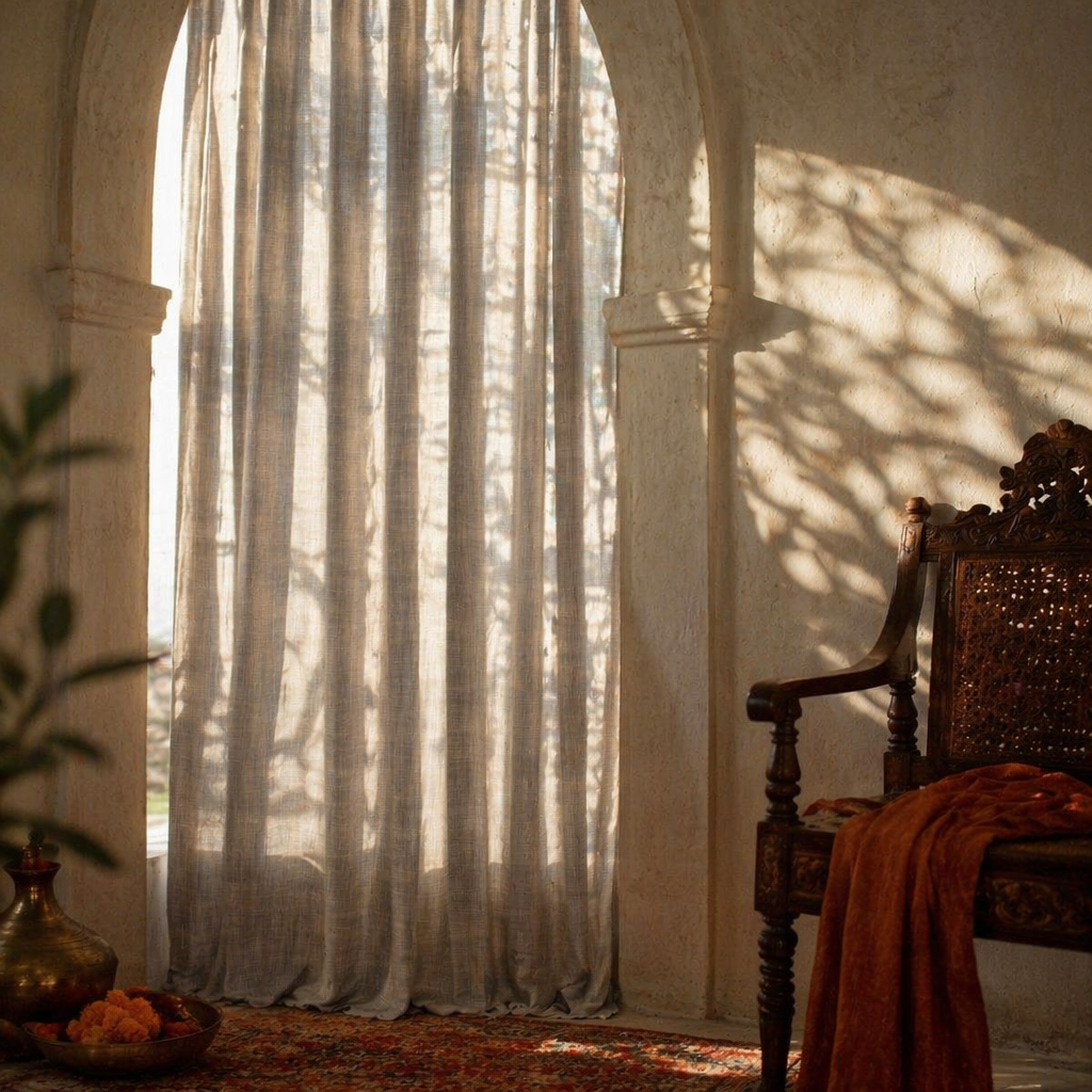 Charcoal Stripe Handwoven Semi-Blackout Cotton Curtain, The Draped Window. Handmade in India by House of Taraasha.
