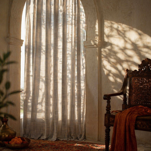 Charcoal Stripe Handwoven Semi-Blackout Cotton Curtain, The Draped Window. Handmade in India by House of Taraasha.
