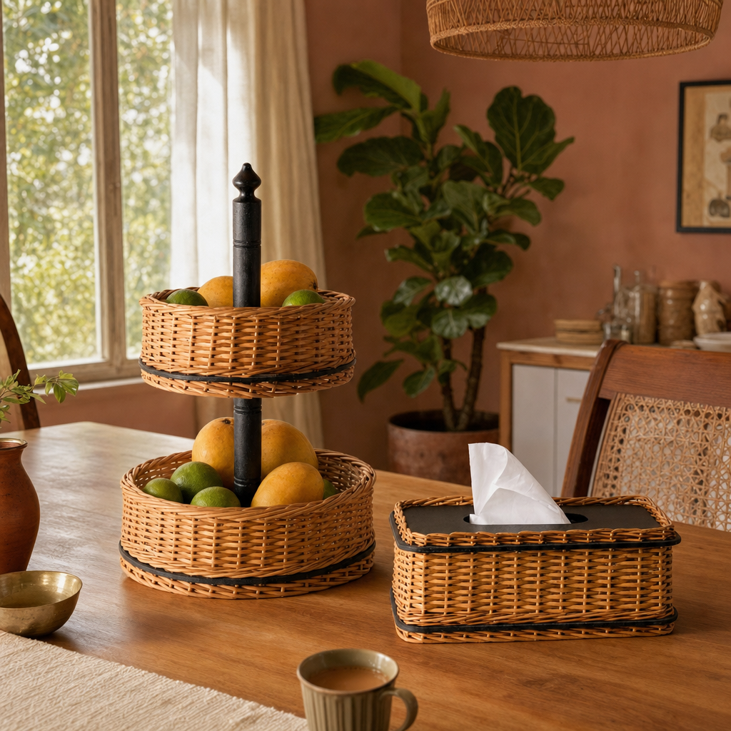 Kashmiri Willow Wicker Fruit Basket & Tissue Box in a modern home
