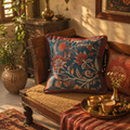 Chintz Navy, Maroon and Ivory Block-Printed Cushion Cover, The Living Room. Handmade in India by House of Taraasha.