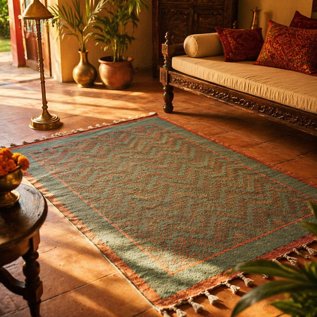 Green and Navy Hand Block-Printed Cotton Chevron Rug, The Woven Floor. Handmade in India by House of Taraasha.