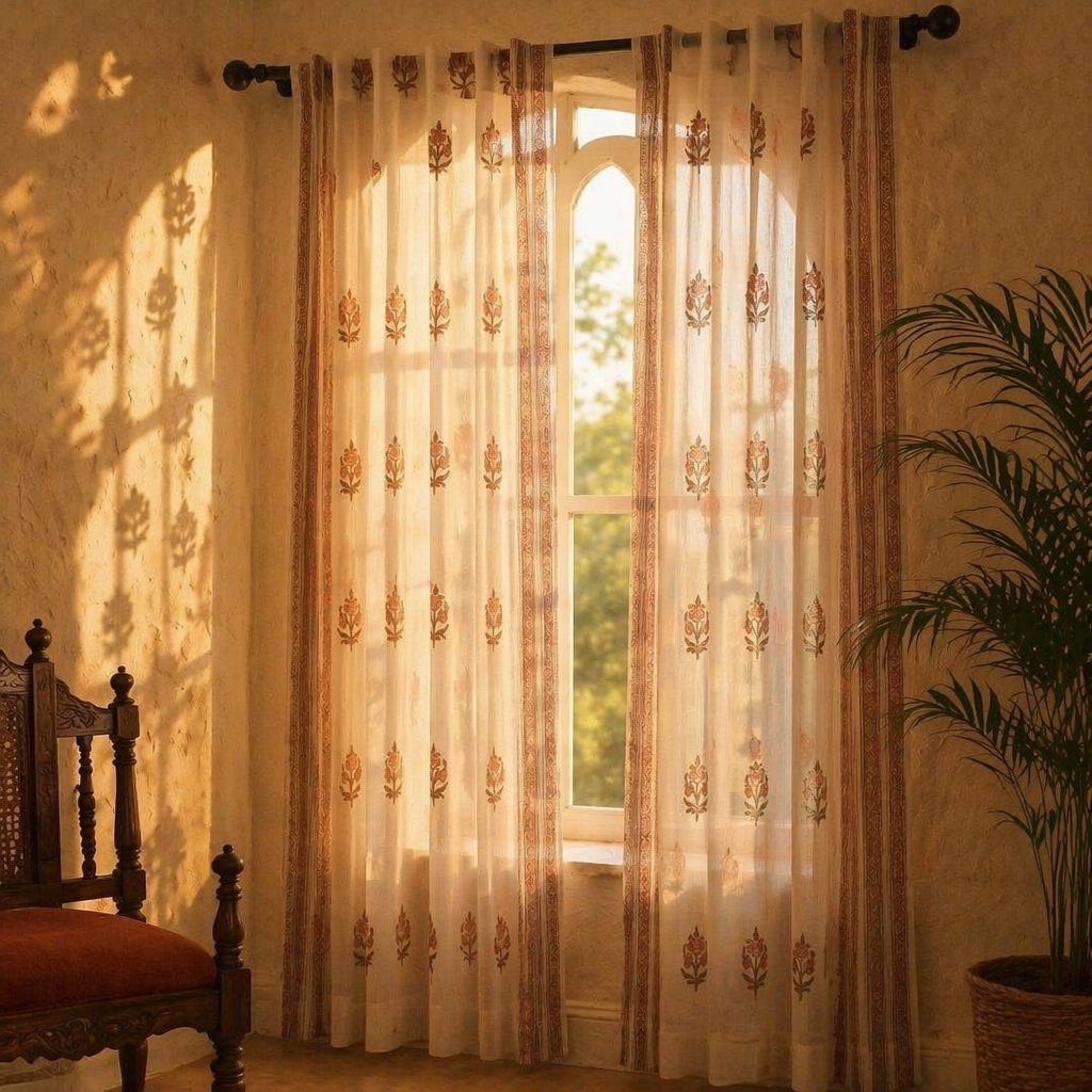 Mulmul Sheer Hand-Printed Dusty Pink Curtain, The Draped Window. Handmade in India by House of Taraasha.