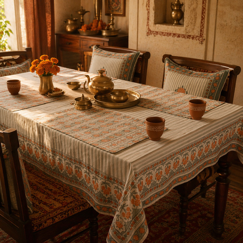 Green & Dusty Pink Floral Cotton Tablecloth & Mat Set, The Gathered Table. Handmade in India by House of Taraasha.