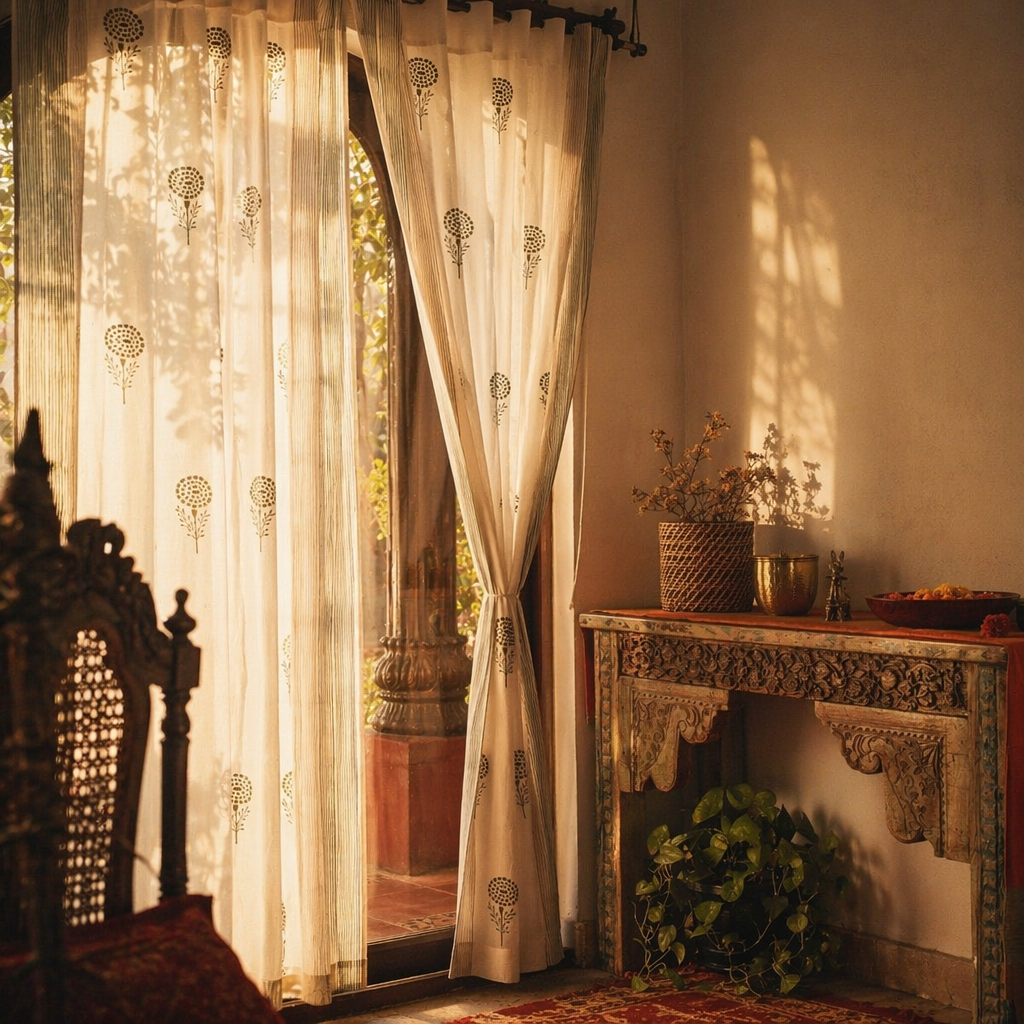 Marigold Sheer Hand Block-Printed Teal and Green Mulmul Curtain, The Draped Window. Handmade in India by House of Taraasha.