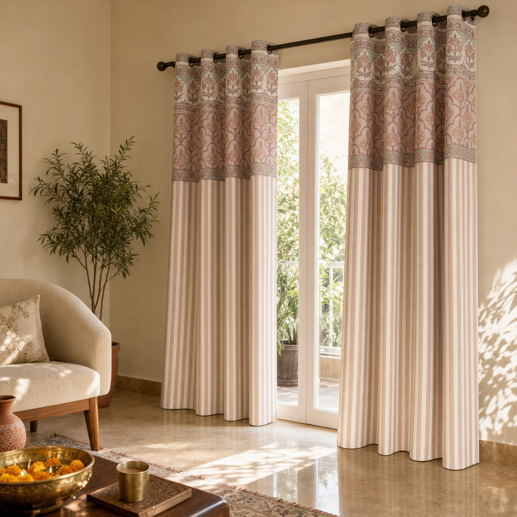Dusty Pink and Off-White Floral Stripe Cotton Door Curtain in a modern home
