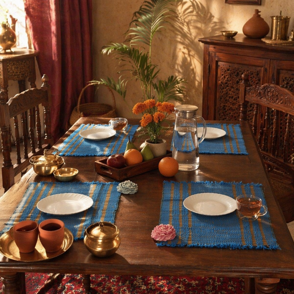Cobalt Blue Handwoven Grass Table Mat, The Gathered Table. Handmade in India by House of Taraasha.