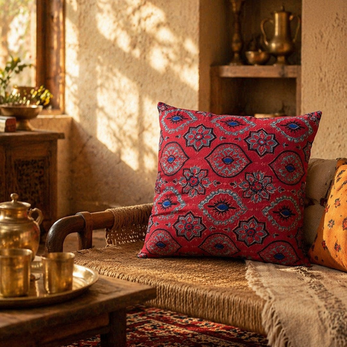 Ajrakh Brick Red Embroidered Cushion Cover, The Living Room. Handmade in India by House of Taraasha.