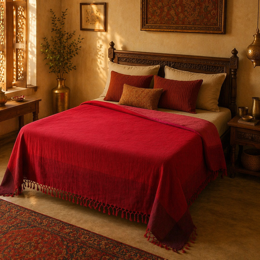 Berry Tones Handwoven Cotton Bed Cover, The Linen Room. Handmade in India by House of Taraasha.