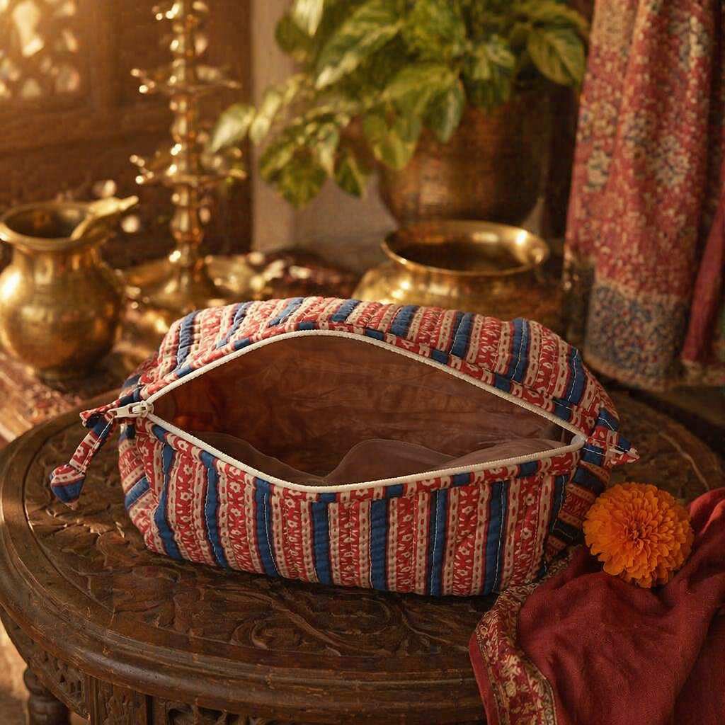 Quilted Block-Print Pouch Red and Blue, Medium, The Gift Room. Handmade in India by House of Taraasha.