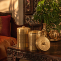 Moradabad Floral-Etched Pure Brass Dabba Pair, The Brass Atelier. Handmade in India by House of Taraasha.