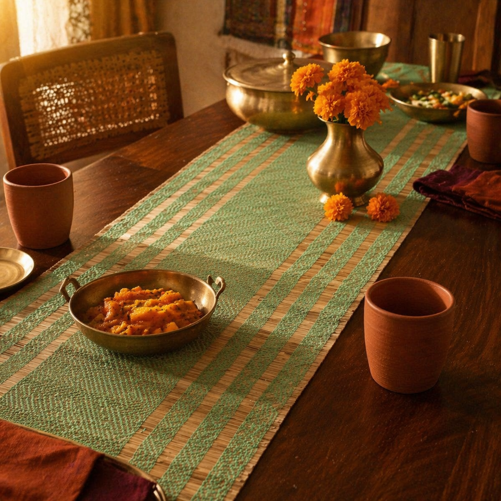 Madur Aqua Handwoven Grass Table Runner, The Gathered Table. Handmade in India by House of Taraasha.